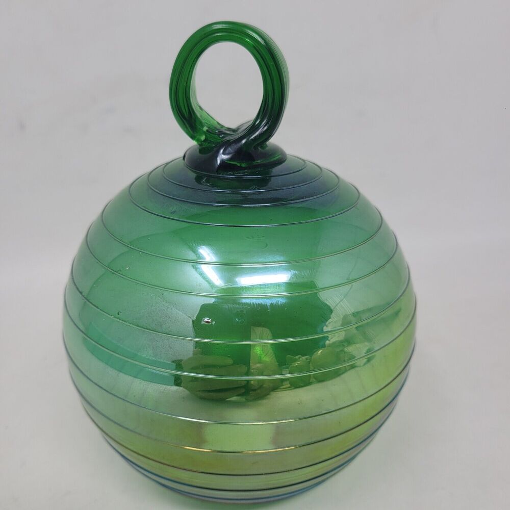 Hand Blown Art Glass Green Gold Ornament Ball Orb 6" Sun Catcher Witch Friends